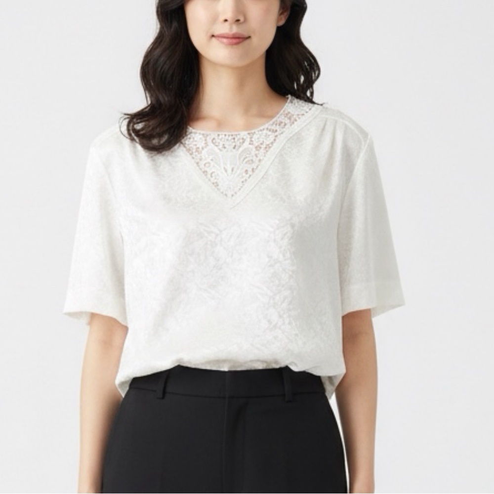 Vintage Notations Ivory Satin Jacquard Blouse with Lace V-Neck Detail